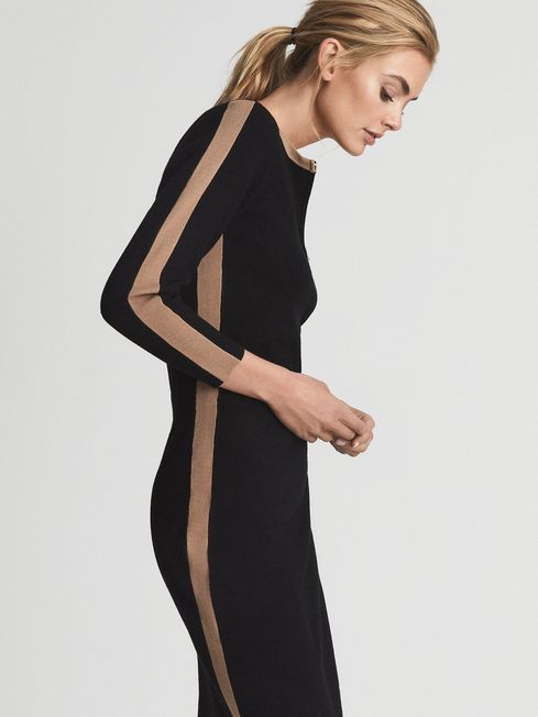 Reiss Black/Camel Rosanna Side Stripe Knitted Midi Dress