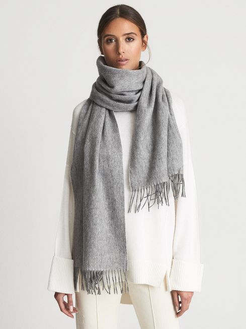 Reiss Soft Grey Picton Oversized Cashmere Blend Fringed Scarf