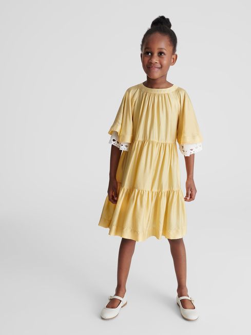 Reiss Yellow Alivia Lace Sleeve Dress
