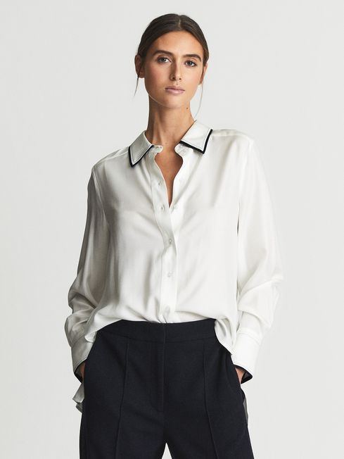 Reiss White Taylor Navy Tipped Collar Blouse