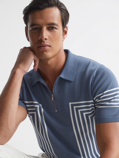 Reiss Blue Jasper Half Zip Stripe Polo T-Shirt