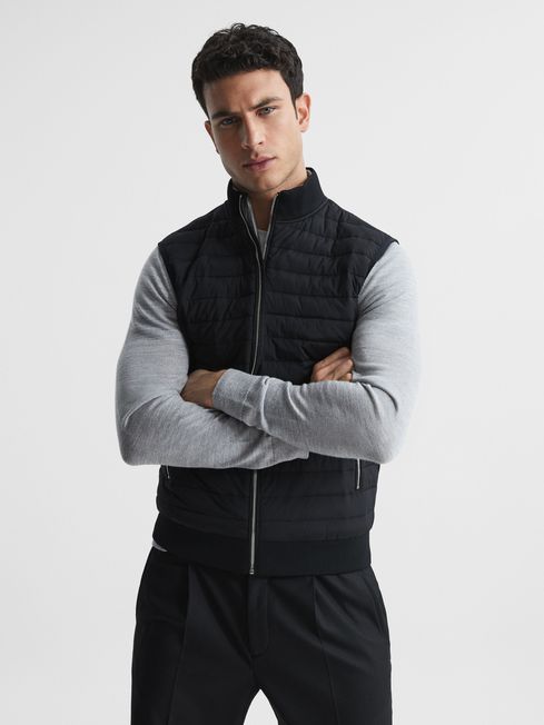 Reiss Black Pluto Hybrid Quilted Gilet