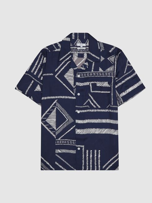 Reiss Navy Mackrae Cuban Collar Tribal Print Shirt