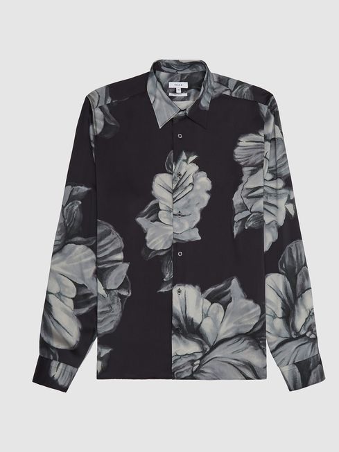 Reiss Black Shawn Floral Print Shirt