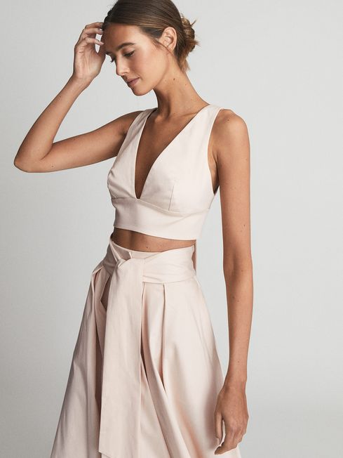 Reiss Neutral Tammi Crop Top With Bow Detail