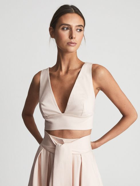 Reiss Neutral Tammi Crop Top With Bow Detail