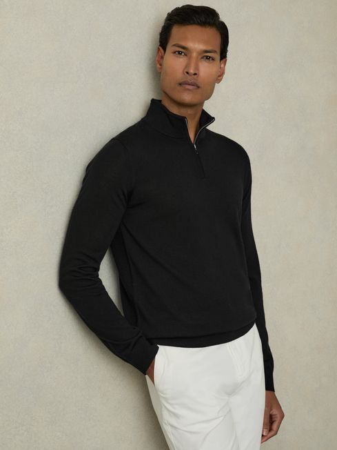 Reiss Black Blackhall Merino Wool Zip Neck Jumper