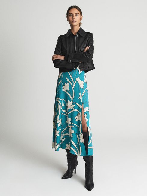 Reiss Blue Katia Printed Slip Midi Skirt