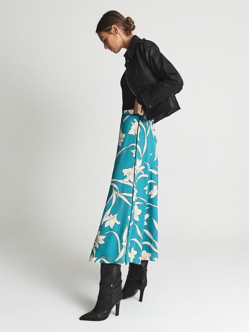 Reiss Blue Katia Printed Slip Midi Skirt