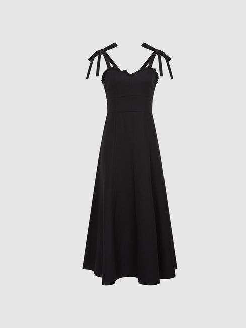 Reiss Black Yanna Strappy Linen Blend Midi Dress