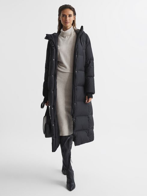 Reiss Black Tilde Petite Longline Hooded Puffer Coat