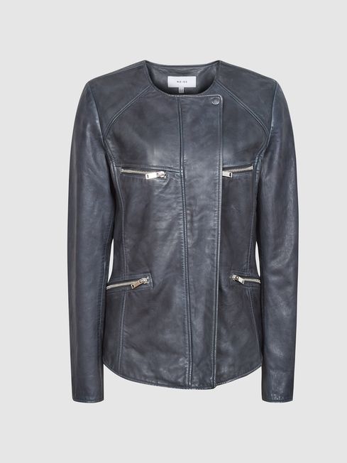 Reiss Blue Indie Leather Collarless Biker Jacket