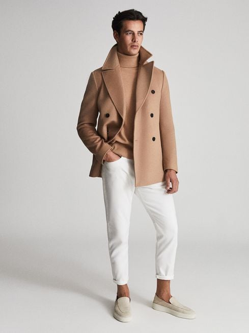 Reiss Camel Giovanni Double Breasted Wool Blend Peacoat