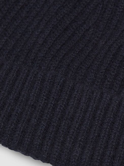 Reiss Navy Blue Alderney Ribbed 100% Cashmere Beanie Hat