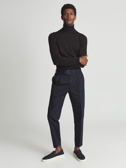 Reiss Navy Liquid Pleat Front Tapered Trousers