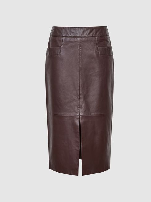 Reiss Burgundy Lucie Leather Pencil Skirt