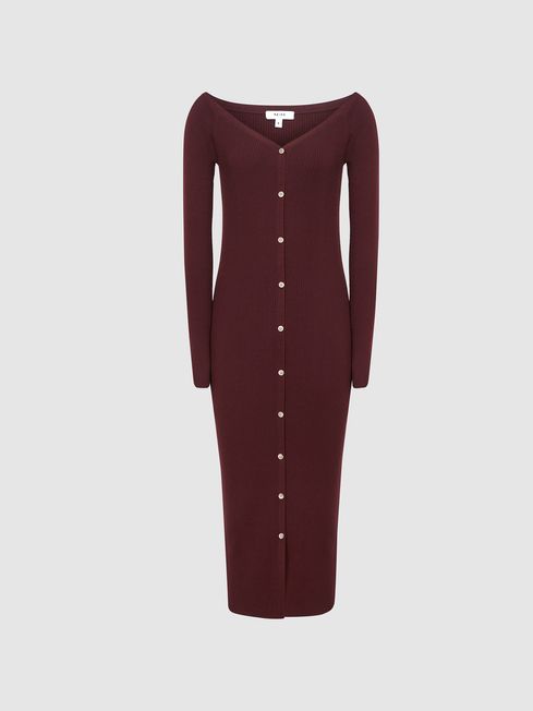 Reiss Burgundy Camille Knitted Button Through Midi Dress