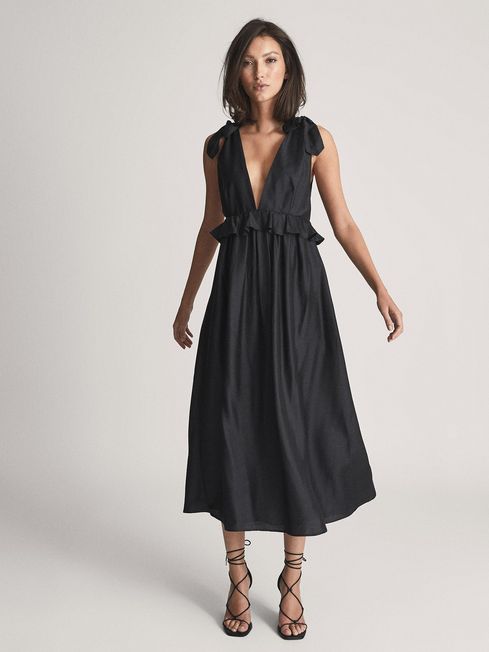 Reiss Black Laura Silk Blend Midi Dress