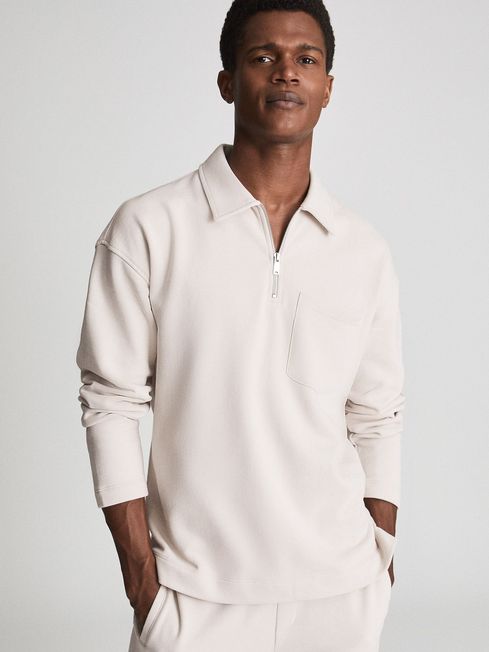 Reiss Off-White Gabe Garment Dye Zip Neck Polo