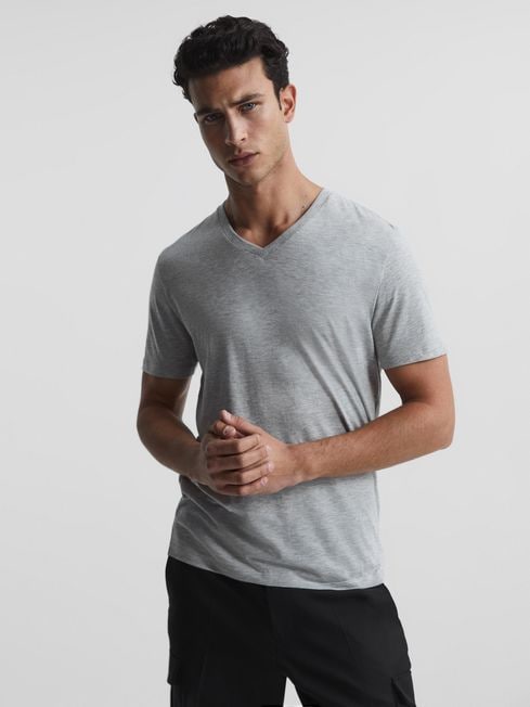 Reiss Grey Melange Dayton Regular Fit V-Neck T-Shirt