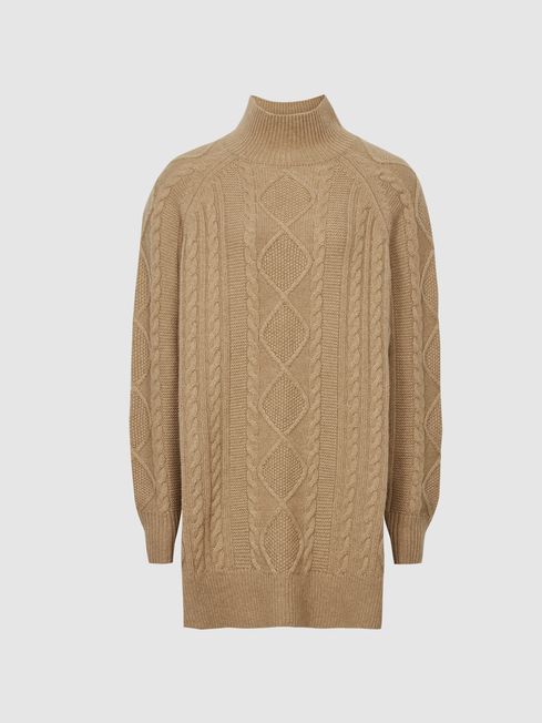 Reiss Camel Nina Cable Knit Tunic Jumper