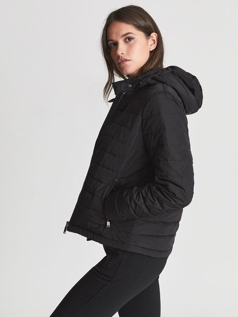 black lightweight hooded puffer jacket