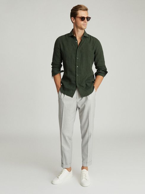 Reiss Khaki Green Ruban Linen Regular Fit Shirt