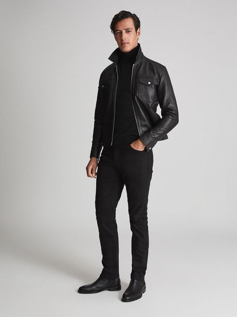 Reiss Black Cooper Zip Through Leather  Jacket