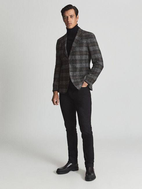 Reiss Charcoal Grey Focus Wool Blend Checked Slim Fit Blazer