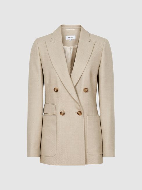 Reiss Neutral Larsson Double Breasted Twill Blazer
