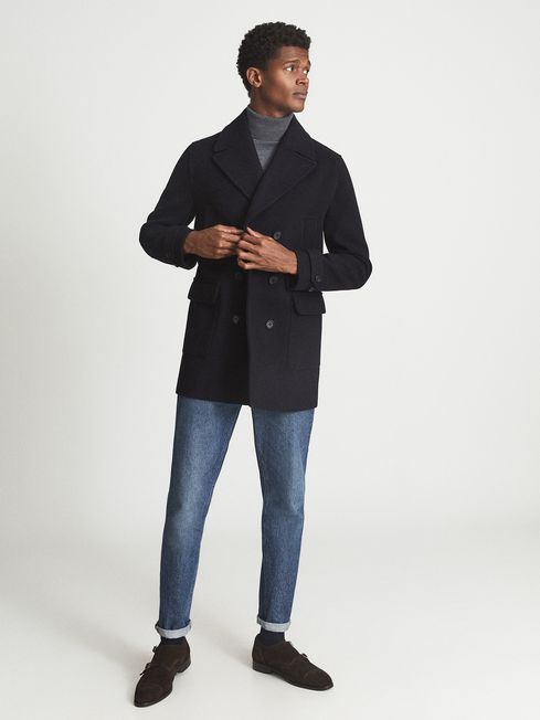 Reiss Navy Cork Double Breasted Wool Blend Peacoat