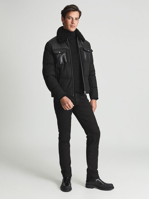 Reiss Black Shearer Leather Trimmed Quilted Jacket
