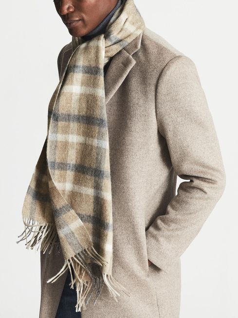 Reiss Camel Austin Checked Cashmere Blend Scarf