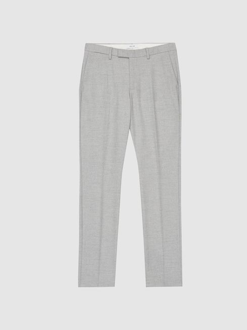 Reiss Soft Grey Granual Slim Leg Wool Blend Flannel Trousers