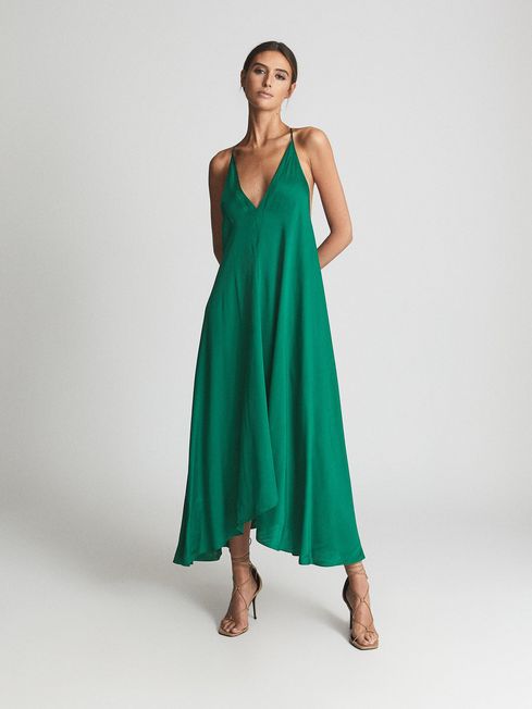Reiss Green Mabel Plunge Neck Maxi Dress
