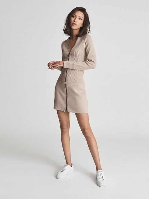Reiss Neutral Ashleigh Knitted Bodycon Dress With Zip Detail