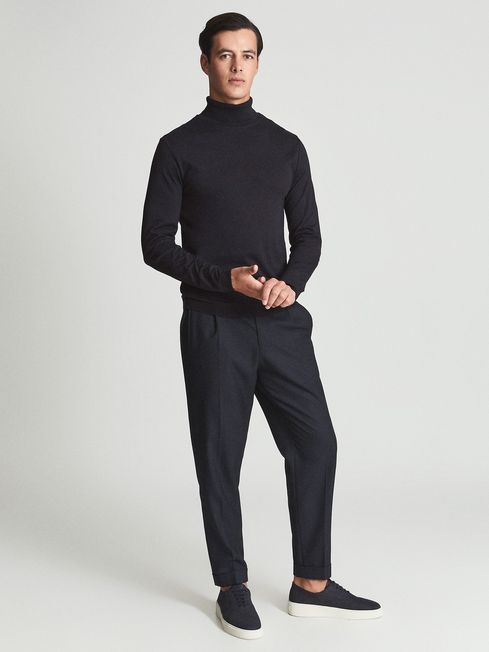 Reiss Navy Gareth Cotton Blend Ribbed Roll Neck Top