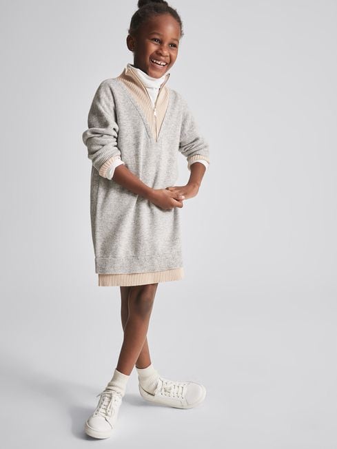 Reiss Grey Marci Junior Panelled Ribbed Zip Neck Jumper Dress