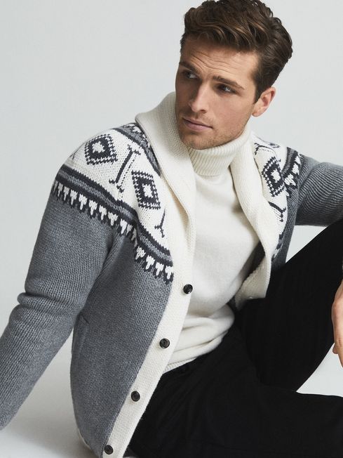 Reiss Grey/White Nordic Fair Isle Pattern Knit Cardigan