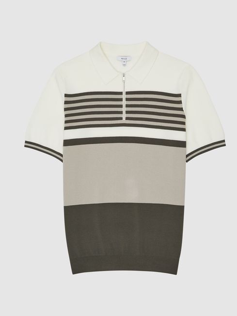 Reiss Green/White Captain Half Zip Stripe Colour Block Polo T-shirt
