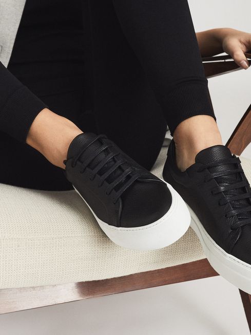 Reiss Black Luca Platform Tumbled Leather Sneakers