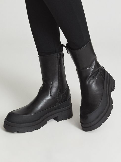 Reiss Black Ave Leather Stomper Boots