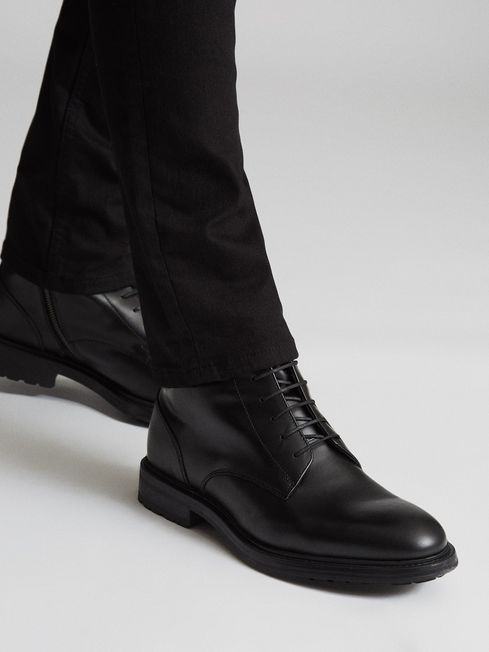 Reiss Black Aden Leather Lace-Up Boots