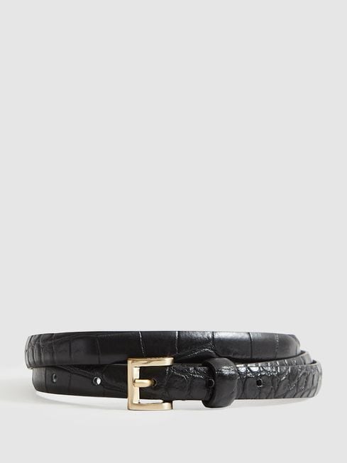 Reiss Black Molly Mini Leather Croc Embossed Mini Belt