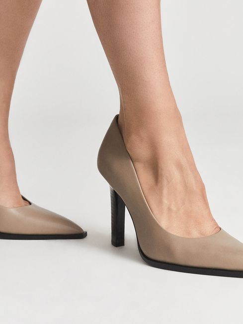 Reiss Taupe Ada Court Leather Court Shoes