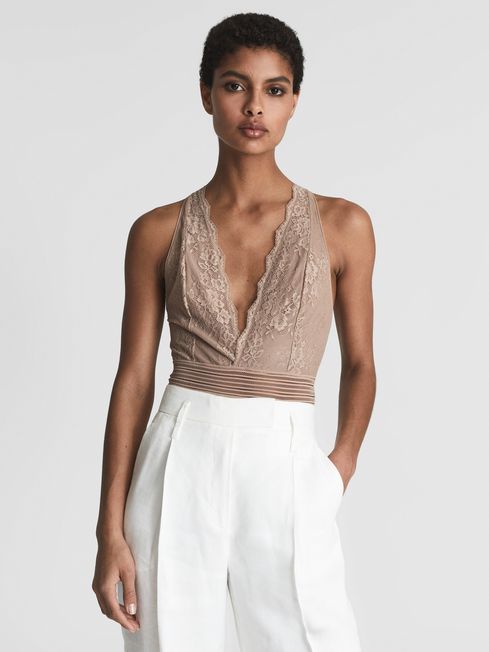 Reiss Mink Candy Sleeveless Lace Body