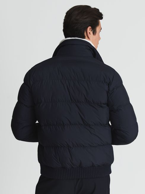 Reiss Navy Frost Faux Fur Trim Puffer Jacket