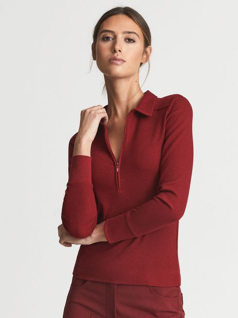 Reiss Red Milina Rib Knitted Zip-Up Top