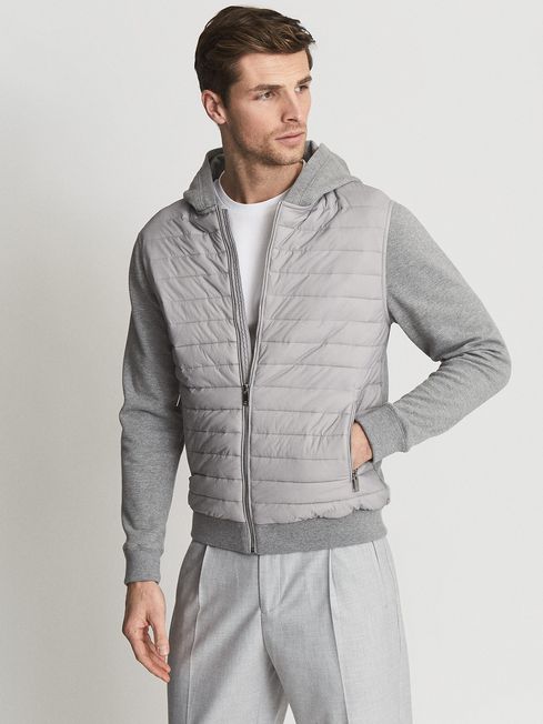 Reiss Grey Taylor Hybrid Zip Quilted Hooded Jacket