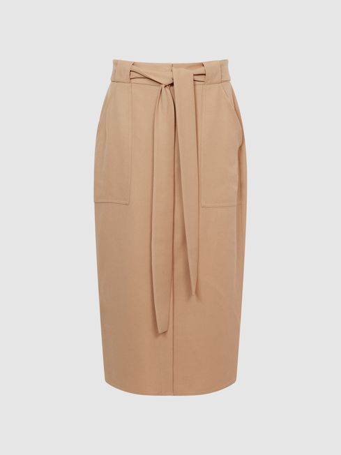 Reiss Camel Dani Button-Up Slip Skirt
